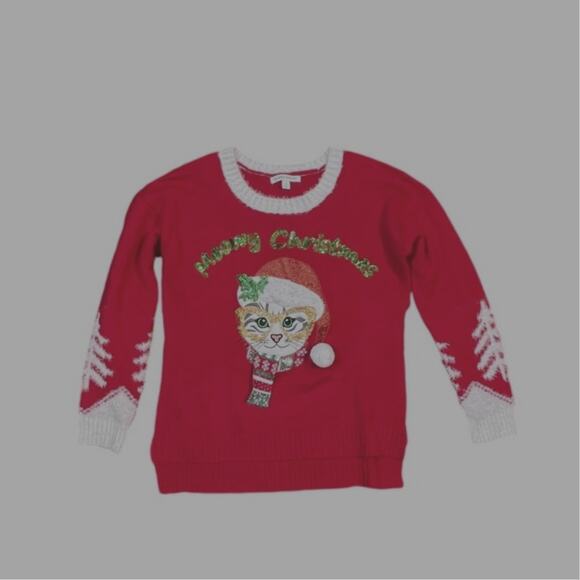 Festive Christmas Ugly Sweater Cat with Cateye glasses, Medium, Red - Picture 2 of 7